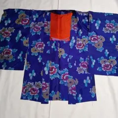銘仙。羽織 青色 牡丹文様 鮮やか