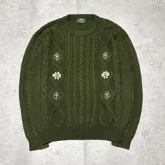 Vintage Guy 長袖 ニット セーター グリーン 花柄刺繍 ケーブル編み