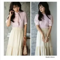 【春カラー☆タグ付】リボン　ボウタイ　半袖パフスリーブニット　トップス　ピンク