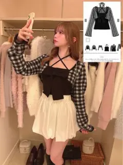 【完売品】チェック柄シャギーボレロ×ホルターネックリボンキャミソールニット