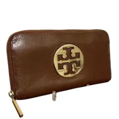 トリーバーチ ラウンドジップ レザー長財布 ブラウン ロゴ金具