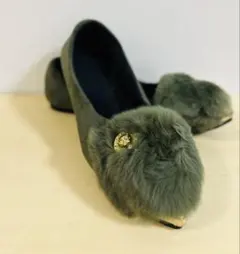 ファー付きビジュー装飾モカシン ベージュパンプス 23cm超軽く脚に優しい