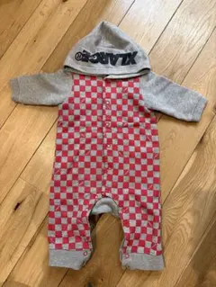 フード付きロンパース レッド・グレー チェック