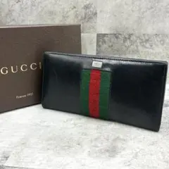 希少 良品 グッチ シェリーライン ロゴ金具 折り財布 長財布 ブラック レザー