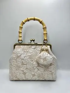 【ハンドメイド】がま口 ハンド バッグ バンブー 持ち手 2点セット　#699