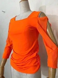【ネオンカラー】蛍光オレンジ　社交ダンス　七分袖カットソー　ｂ1318