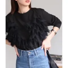 チュール ドッキング 長袖 Tシャツ ブラック チュールフリル ロンT ギャザー