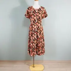 花柄 フラワープリント 総柄 バラ 半袖 前開き ロングワンピース N487