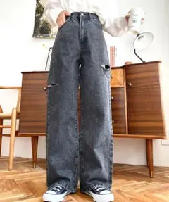 moment+ ヘビーツイル&デニムダメージストレートパンツ　ブラック　S