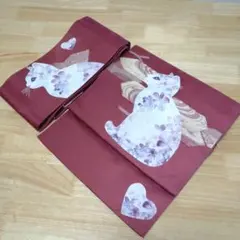 お花柄猫ちゃん♥二部式作り帯付け帯リメイク♥1点物♥胴回りデザインあり♥ハート