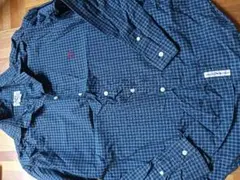 ネイビー チェック柄 長袖シャツ 赤色刺繍のサムネイル