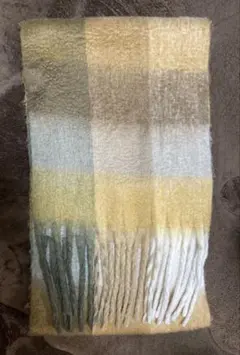 チェック柄マフラー イエロー グリーンフリンジ付きマフラー