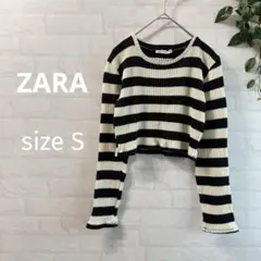 【ZARA】 ボーダーリブ クロップドニットトップス (S) 黒×白