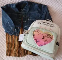 デニムジャケットとストライプオーバーオールセット ＆スヌーピーリュック