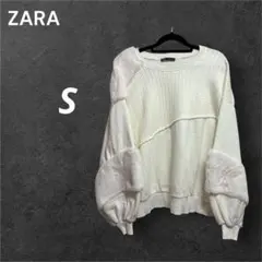 ZARA ザラ ホワイト 切り替えトレーナー ニット S 裏起毛 クルーネック