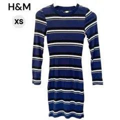 【美品】H&M ボーダー リブワンピース XS 長袖 タイト 美ライン