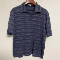 Calvin Klein ネイビー ボーダー スキッパー半袖ポロシャツ XL