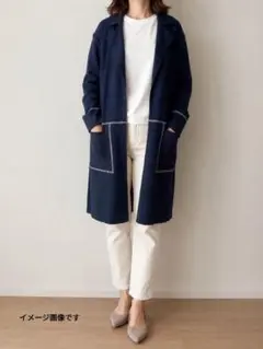 LAPINE BLANCHE ロングカーディガン 38Mネイビーウール混ステッチのサムネイル