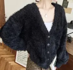 Vネックロングシャギーニットカーディガン