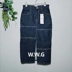未使用【W.W.G 】ネイビー 　パッチワークデニムスカート　 Fサイズ