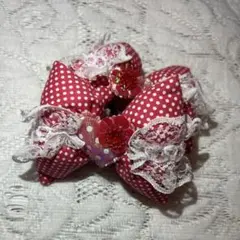 【A04】ハンドメイド ヘアゴム / レッド リボン ドット レース