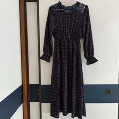 ネイビー 花柄 ロングワンピース 長袖