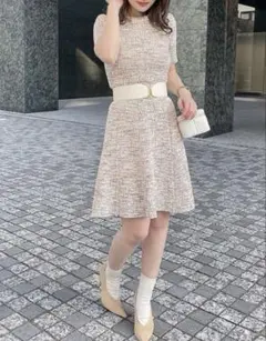 eimyistoire ハーフスリーブフレアーツイードニットワンピース