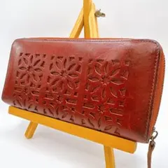 genten ゲンテン　長財布　カットワーク　ラウンドファスナー　ボルドー