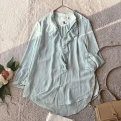 美品(M)長袖シャツ/ブラウス/フリル/Vネック/グリーン/緑/フロントボタン
