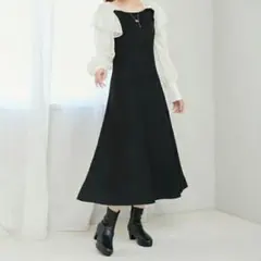 MAJESTIC LEGON 肩フリルドッキングニットワンピース 黒 ブラウス