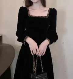 エレガント ブラック ベルベット ロングワンピース