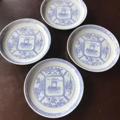 美品　陶器　年代物　印判　染付　銘々皿　柔らかい色合いが優しげな　花や船の絵柄