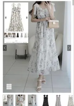 リボンストラップ花柄フレアロングワンピース dh1366 ブラック