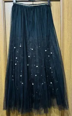 レディース パール チュール ロングスカート ブラック M〜Lサイズ