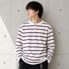 Eddie Bauer ボーダー ヘンリーネック ロンT S 白 紺 赤のサムネイル