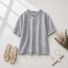 エヘカソポ［M］大人ナチュラル◎フリルネック◎コットン◎ストライプ柄ブラウスのサムネイル