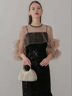 フラワースパンコールチュールフリルスリーブIラインワンピースドレス結婚式二次会