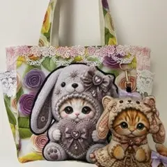 コヤンイサムチョン クラウディ フリルトートバッグ ねこ バッグ 刺繍
