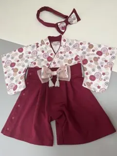 ベビー袴 女の子 60〜 70cm 鶴と扇 金彩 百日祝 ワインレッド G27 