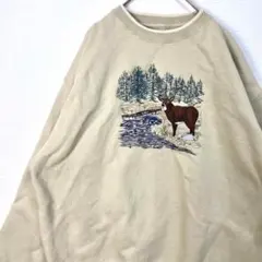 【US古着】アニマル柄 センター刺繍　スウェットトレーナー　鹿　風景画　長袖XL