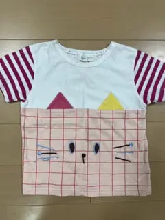 BABYCHEER ねこ Tシャツ ピンク チェック ボーダー 100