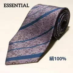 ESSENTIAL ネクタイ 絹100％ パープル×ブルーストライプ 花柄 汚れ