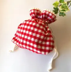 ポンポン巾着　ギンガムチェック　レッド