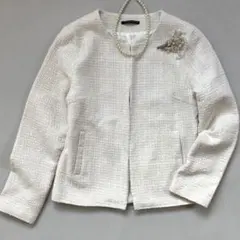 訳アリ　ツイード風　ノーカラージャケット　M 白系