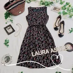 美品✨LAURA ASHLEY　ウエストリボン小花ワンピース　ブラック系　9号