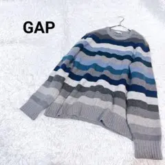 ギャップ【L】ニット　ボーダー柄　Uネック　ストレッチ　ラムウール　ナイロン