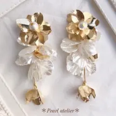 【未使用】ハンドメイド フラワーイヤリング ゴールド　ウェディング　新婦　花嫁