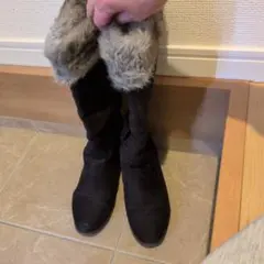 ファー付き黒スエードロングブーツ S
