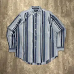 ラルフローレン 刺繍ロゴ 長袖 BDシャツ ストライプ青白 L 6607
