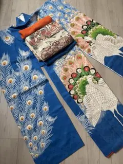 濃青　正絹振袖フルセット(5点) 袋帯・長襦袢付き！・半衿・帯揚げ　友禅　孔雀 楽天市場】訪問着 セット 購入 群青色 吉祥花柄 5点セット フリー